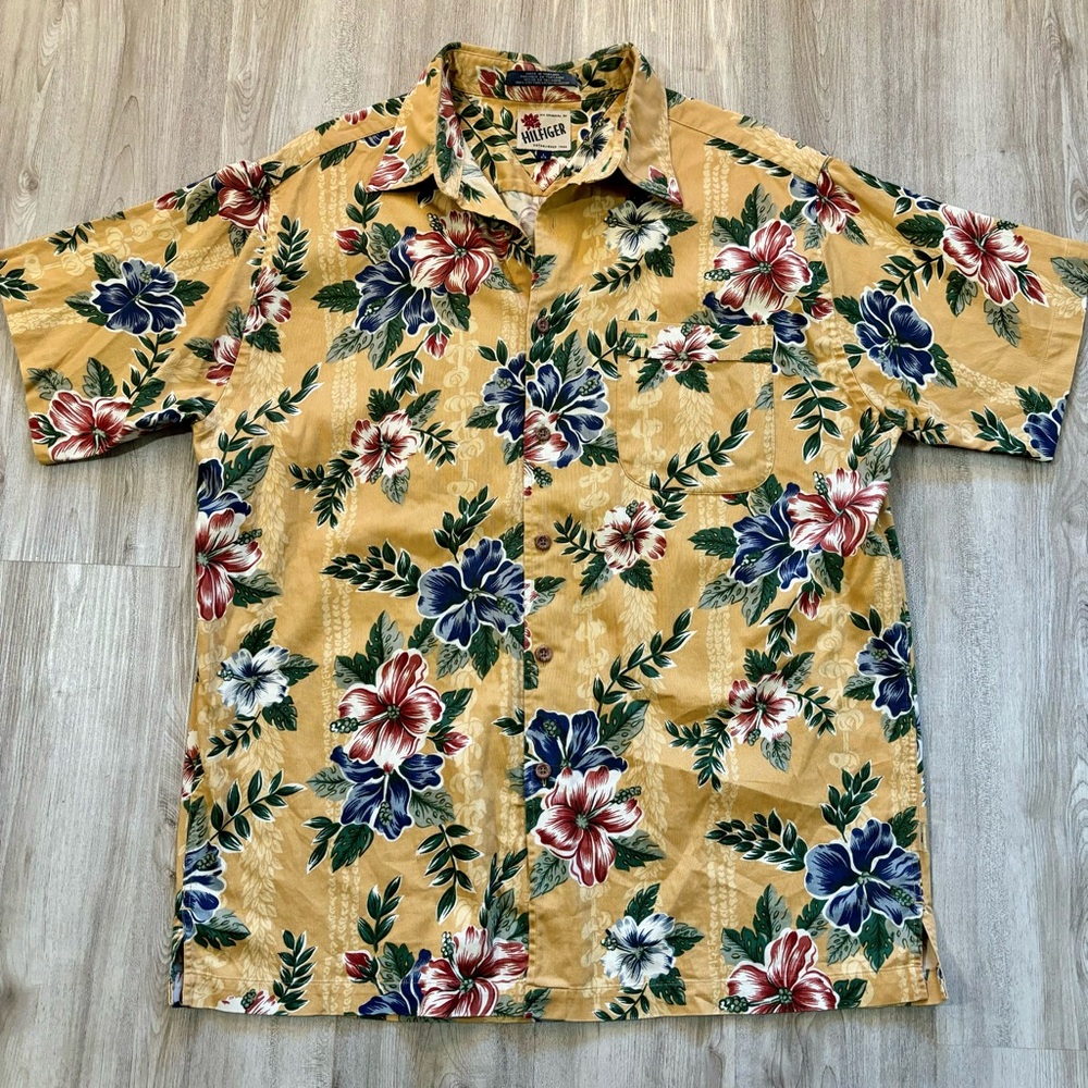 Tommy Hilfiger Large Men Hawaiian Aloha Short‎ Sleeve Button Shirt Orchid Floral